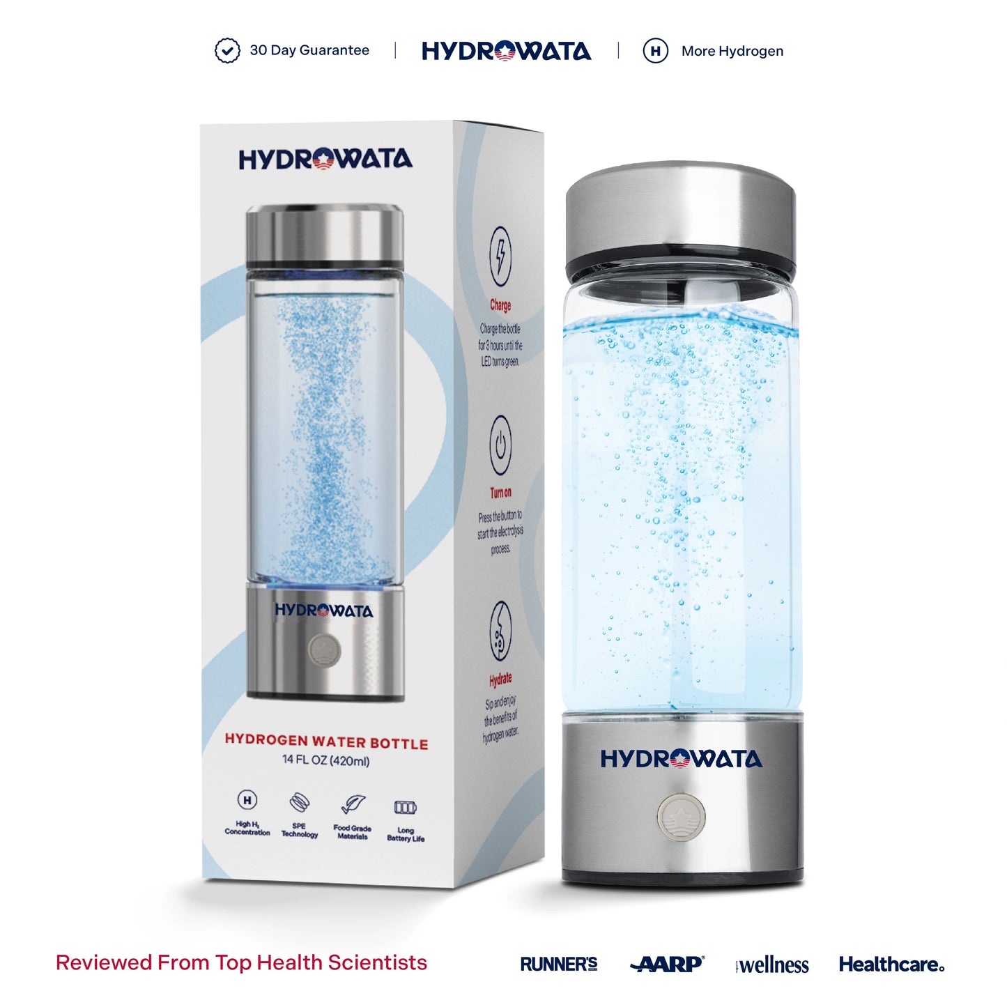 Hydrogen water bottle with packaging and branding on a white background