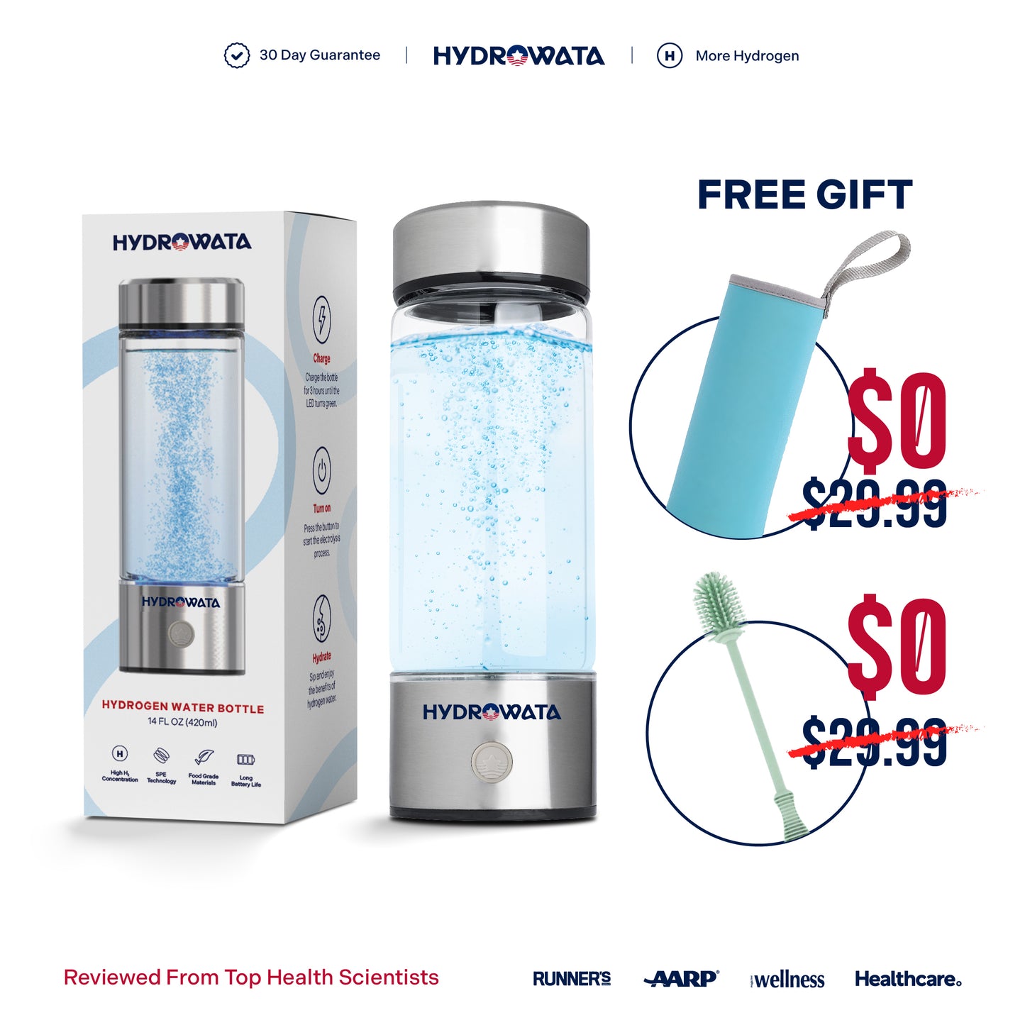 HydroWata Hydrogen Water Bottle + FREE Case & Brush