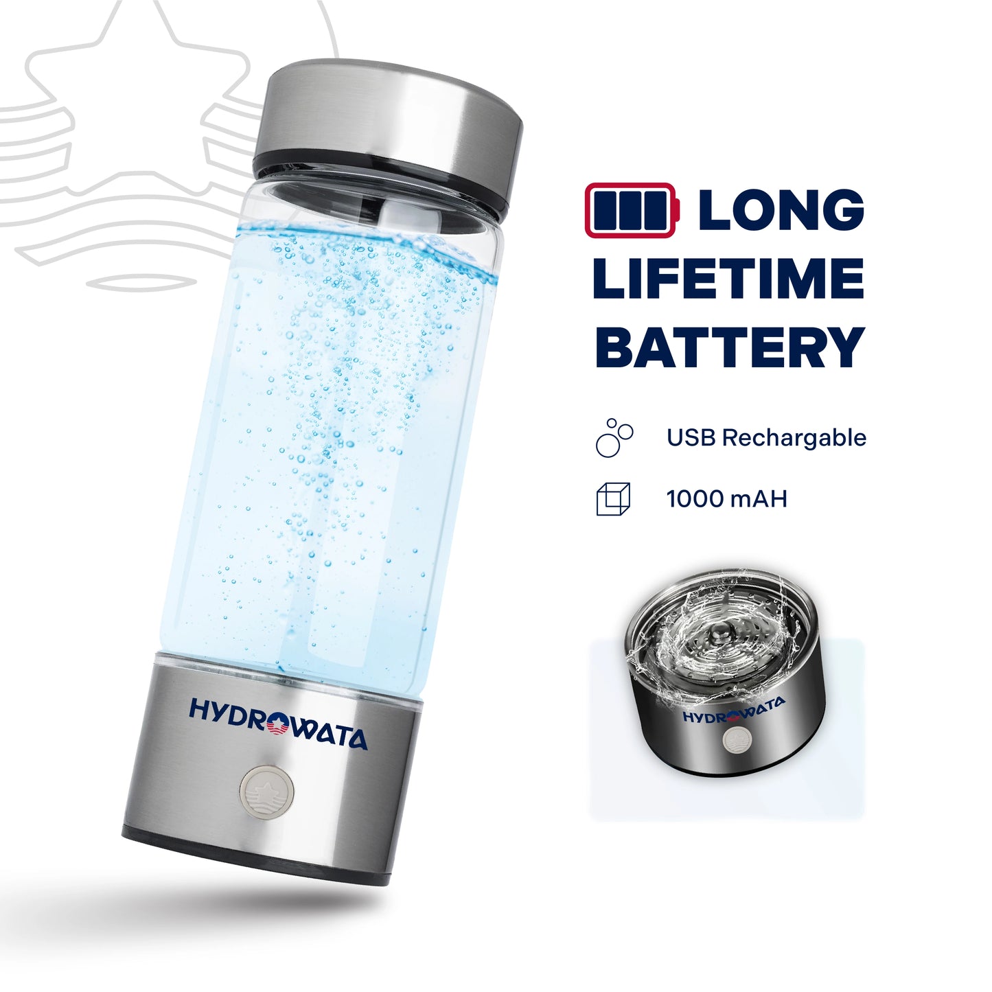 Hydrogen water bottle with 'Hydrowata' branding and battery information on a white background